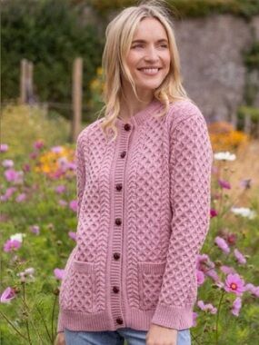 Original Aran Co. Irish Aran Lumber Cardigan Rose Ash Merino Wool Size L NWOT
